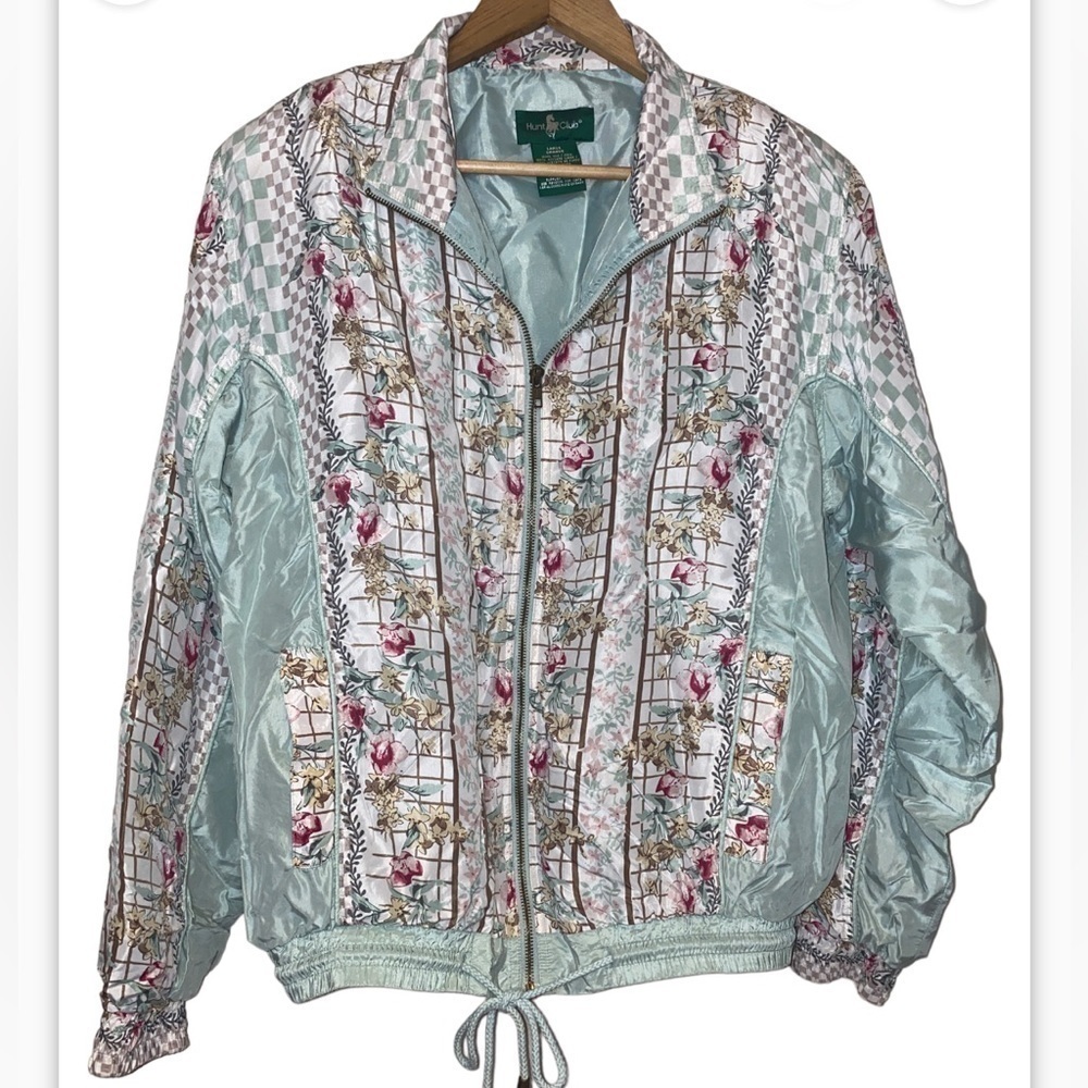 𝅺VINTAGE Hunt Club Light Green Floral Jacket 100% Silk Size Large